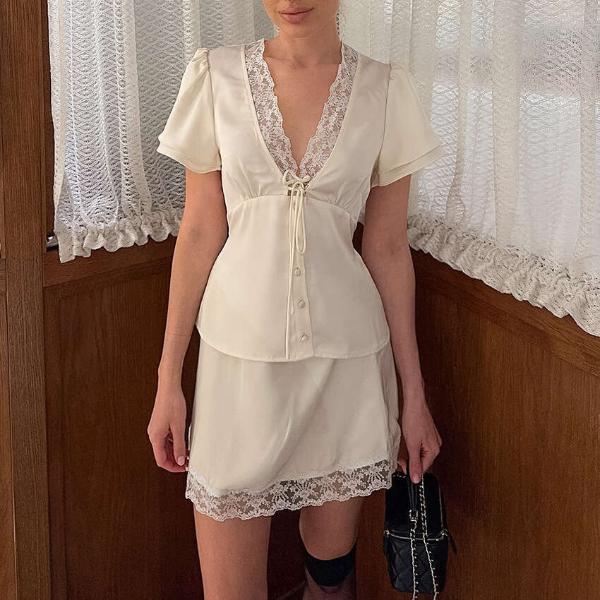 European And American Women S Fashion Set New Spring Summer Cross Border Style Satin Imitation Silk Lace Patchwork Waist Cinching Short Sleeve Skirt M