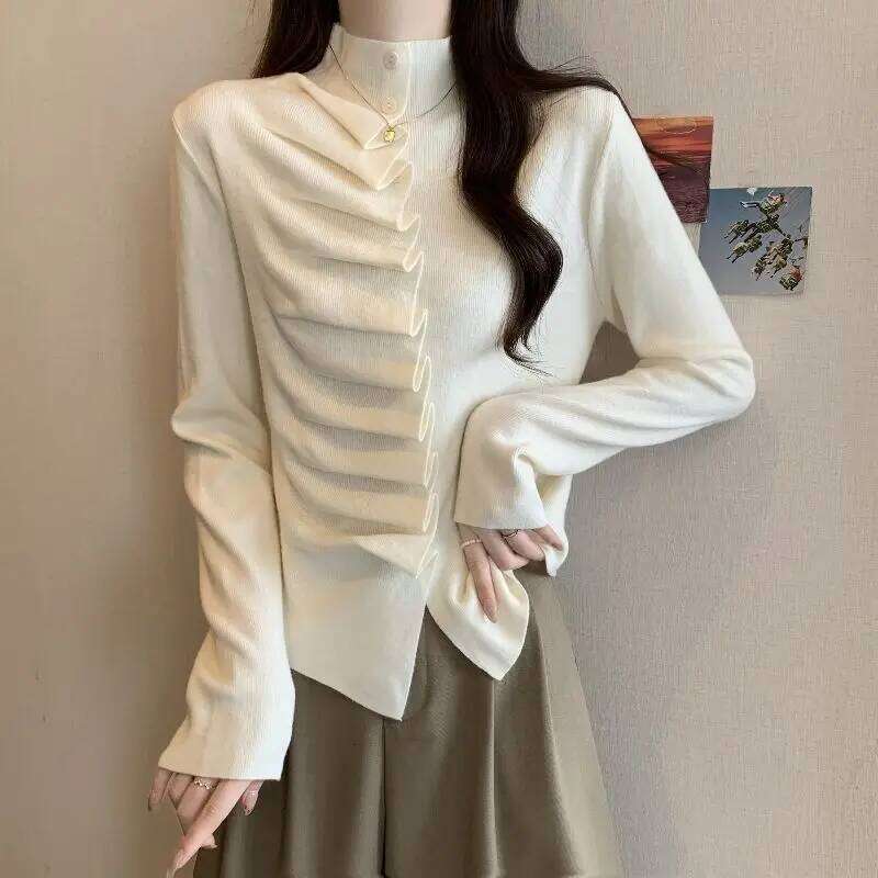 Women's Clothing Ruched Unique Slim Sweaters Autumn/Winter Long Sleeve Knit Temperament Pullover Lady Half High Collar Y2K Tops Z260313