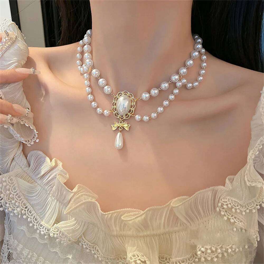 Multi-Layer White Heart Vintage Pearl Choker for Women Elegant Bowknot Pendant Wedding Necklace Jewelry H260312