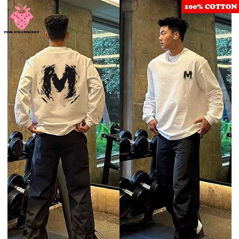 American Long sleeve White T-shirt Autumn 2025 New 100% Cotton Letter Print Gym Workout Shirt Loose Tee Y2k Top Men clothing Z260314