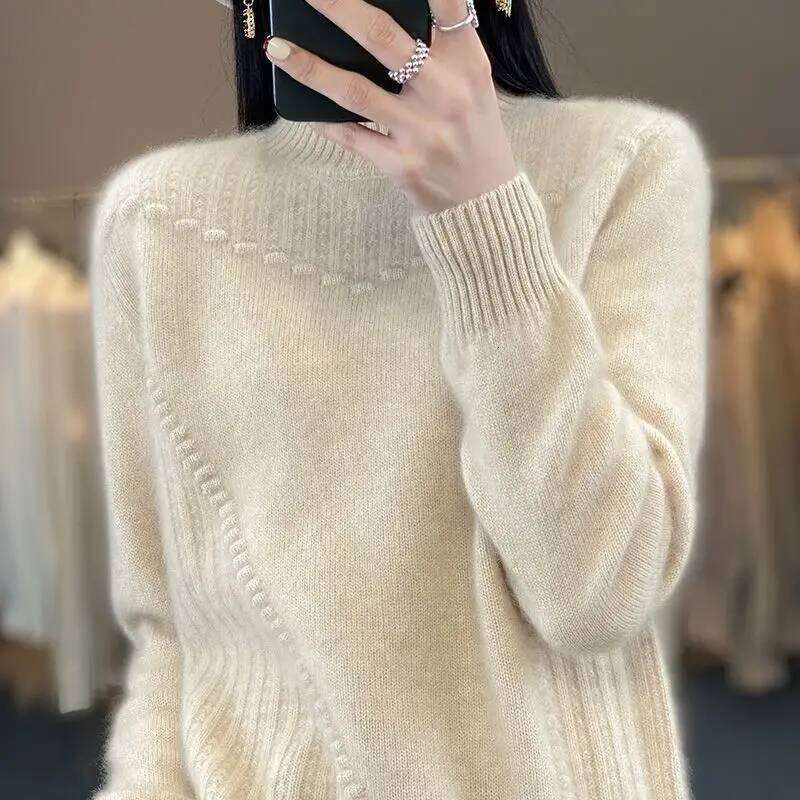 2024 Autumn New Loose Women's Semi-turtleneck Thickened Solid Color Simple Crochet Casual Knitted Sweater Pullover Top Z260313