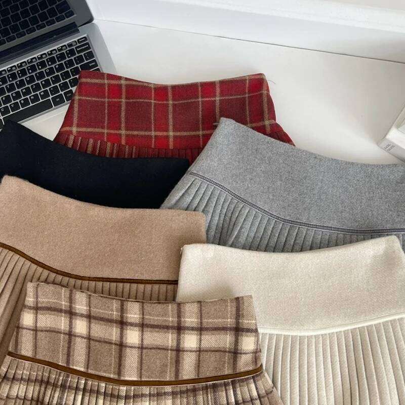 Plaid Pleated Mini Thick Wool Short Skirt High Waist Box-pleat Miniskirt for Women Teen-girl Preppy Style Outfit Z260314