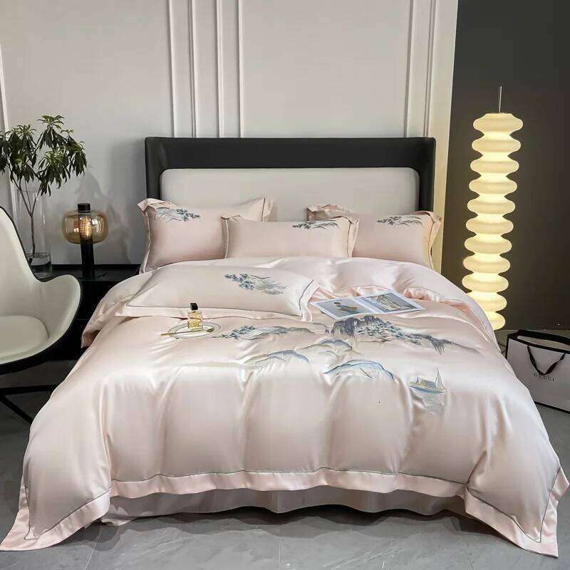 4Pcs New Chinese Style Landscape Embroidery Bedding Silky Duvet Soft Quilt Cover Set Bed Sheet Pillowcases H260312 - view 3