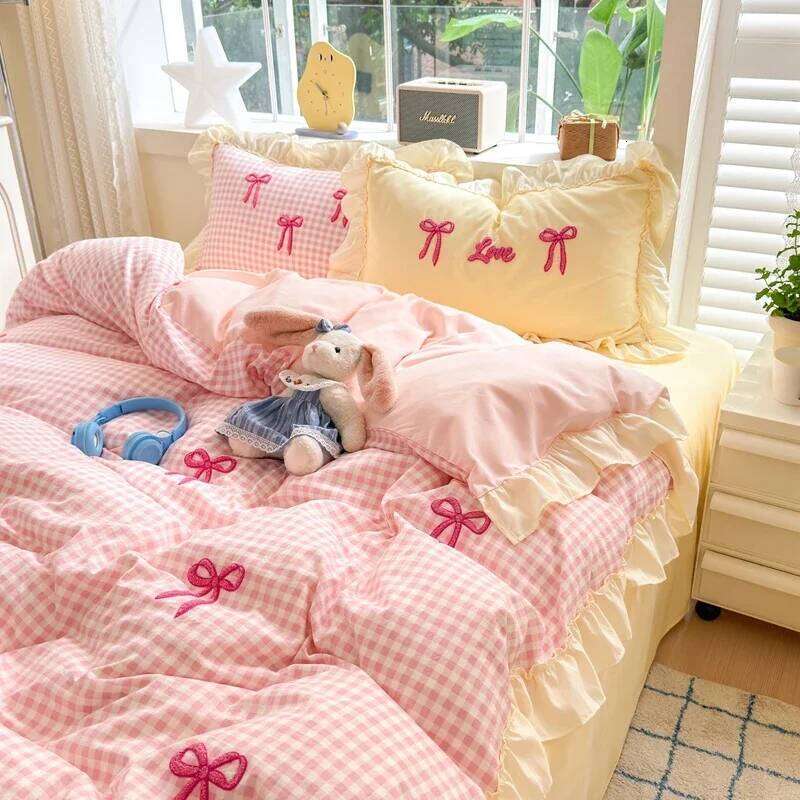 Classic Plaid Duvet Soft Lace Bedding Set, Bow Design Skin-friendly Quilt Cover, 2 Pillowcases with Different Patterns H260312 - view 3