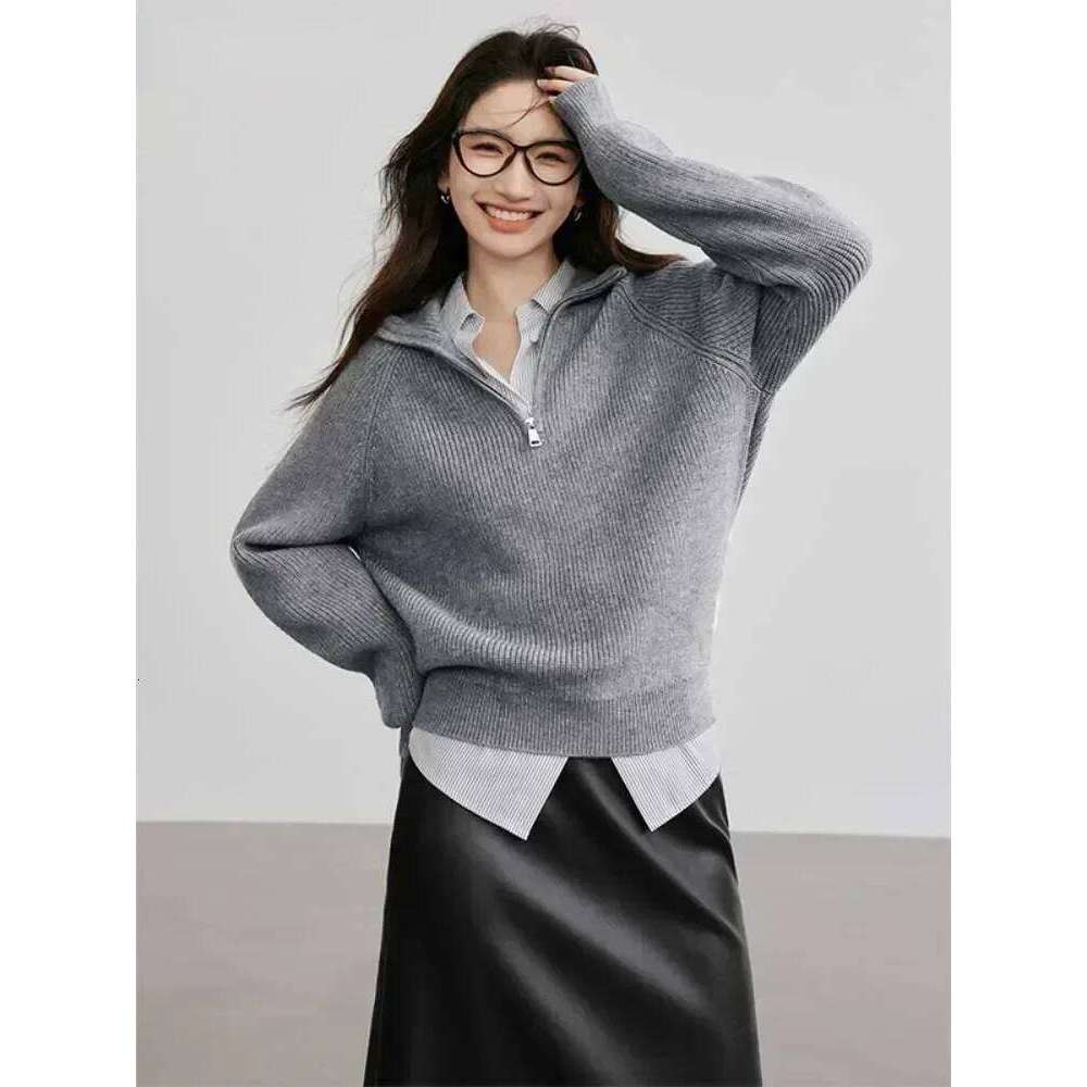 Knitted Oversized Sweater Women Autumn Solid Casual Loose Lapel Women's Pullovers Zipper Turndown Collar Fashion Jumper Knitwear Z260314