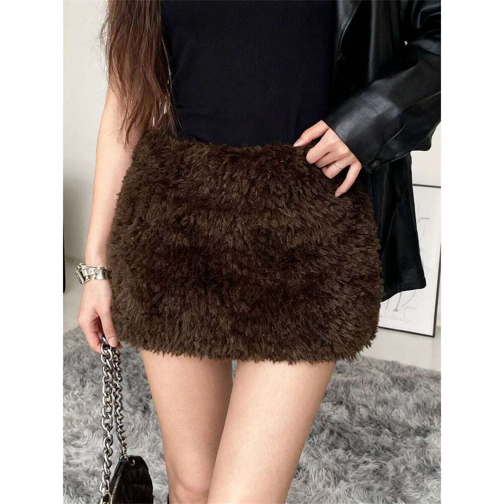 Women's Plush Furry Retro Skirts Low Waist Bodycon Mini Skirt for Party Club Chic Streetwear Z260314