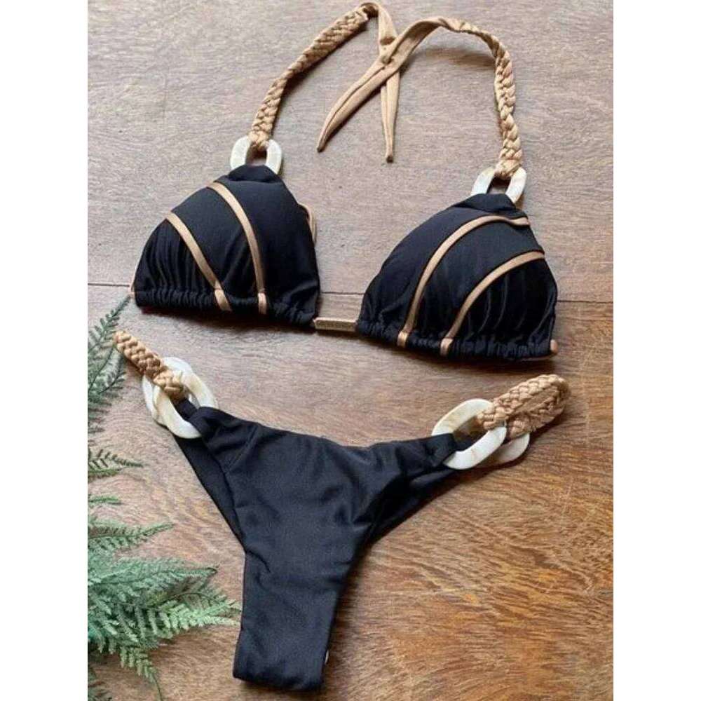 Patchwork Halter High Cut Knitted Women Swimwear Female Swimsuit Two-pieces Bikini Set Brazilian Bather Bathing Suit Swim Y260303