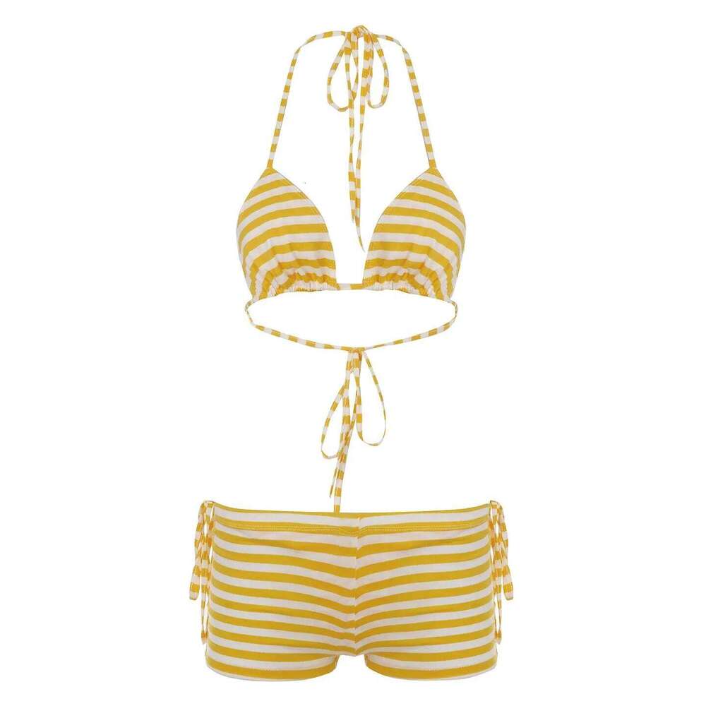 Striped Patchwork Skinny Sweet Bikinis Summer Fashion Sexy Bandage Beach Style Chic Women Piece 3 Set Y260303