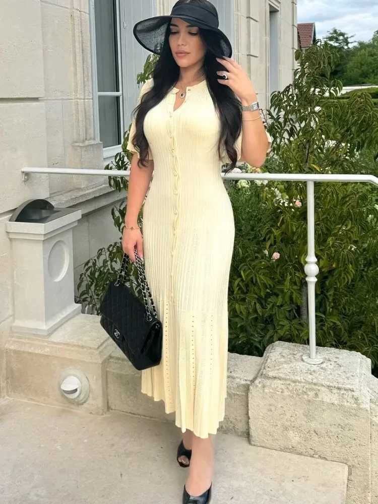 Elegant Knitted Dress Women Casual O Neck Solid Short Sleeved Button High Waist Split Dresses New Female FashionT260314