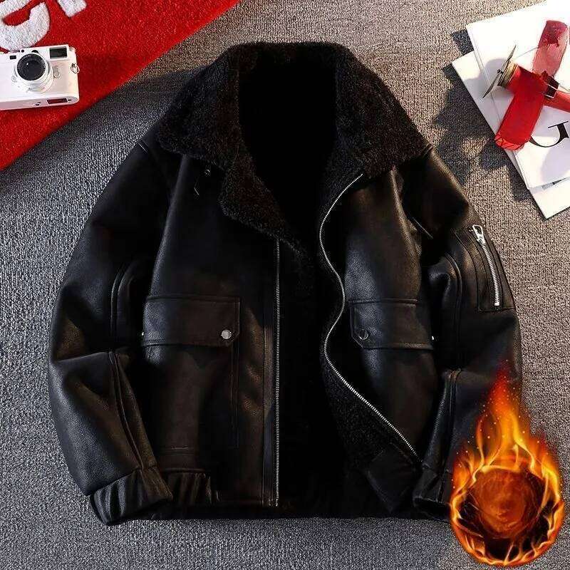 Men's Fleece Thickened Winter Light Luxury High-end Motorcycle New Faux Fur One-piece Leather Jacket Men Z260313