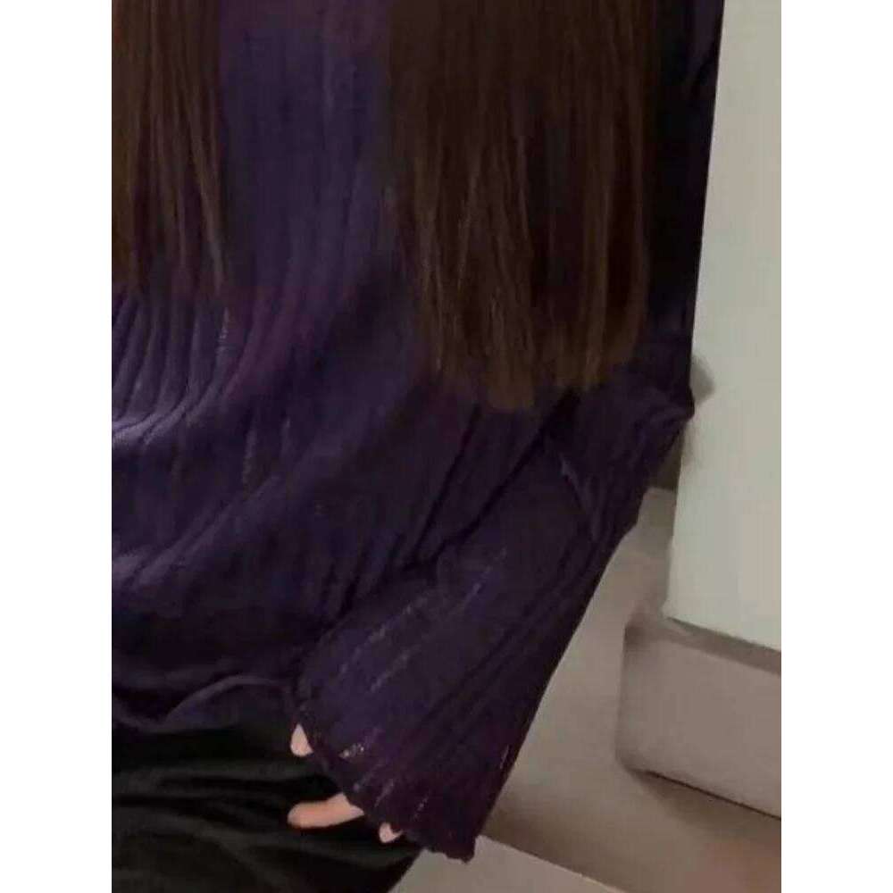 2025 Streetwear Vintage Purple Autumn Sweaters Harajuku Grunge Flare Sleeve Jumpers Loose Knitted Women Hollow Out Pullovers Z260313