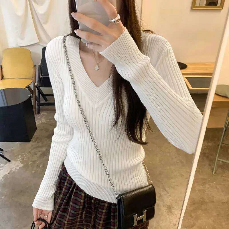 Chic V Neck Knit Sweater Women Korean Solid Simple Office Lady Long Sleeve Pullovers All Match Slim Fit Gentle Bottoming Jumpers Z260314