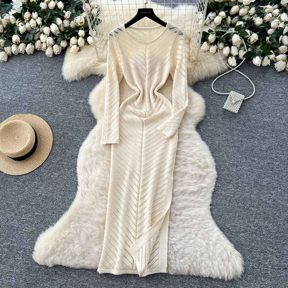 REALEFT Vintage High Waist Hollow Out Knitted Women's Dresses Long Sleeve O-neck Straight Side Split Wrap Dress Female 2025 Z260314