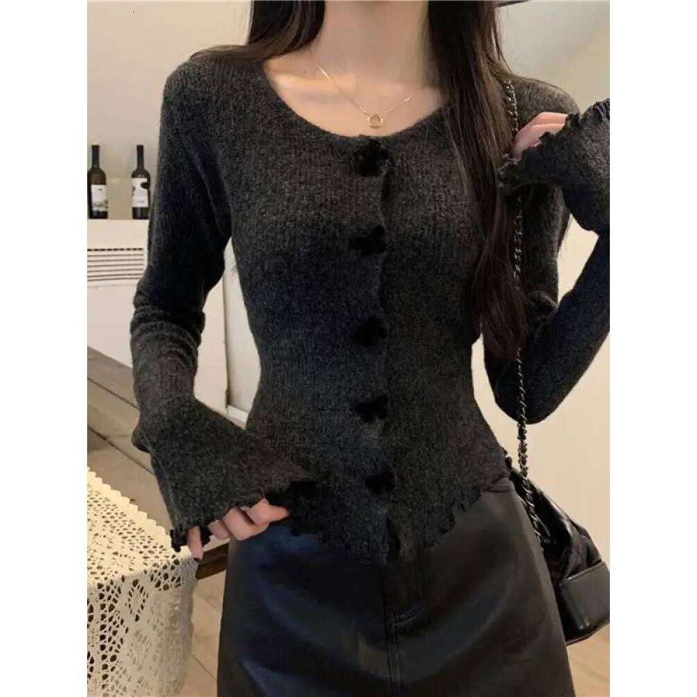 Autumn Winter Knitted Single-breasted Sweaters Women's Ruched Long Sleeve Cropped Cardigan V Neck Button Down Knit Tops Z260314