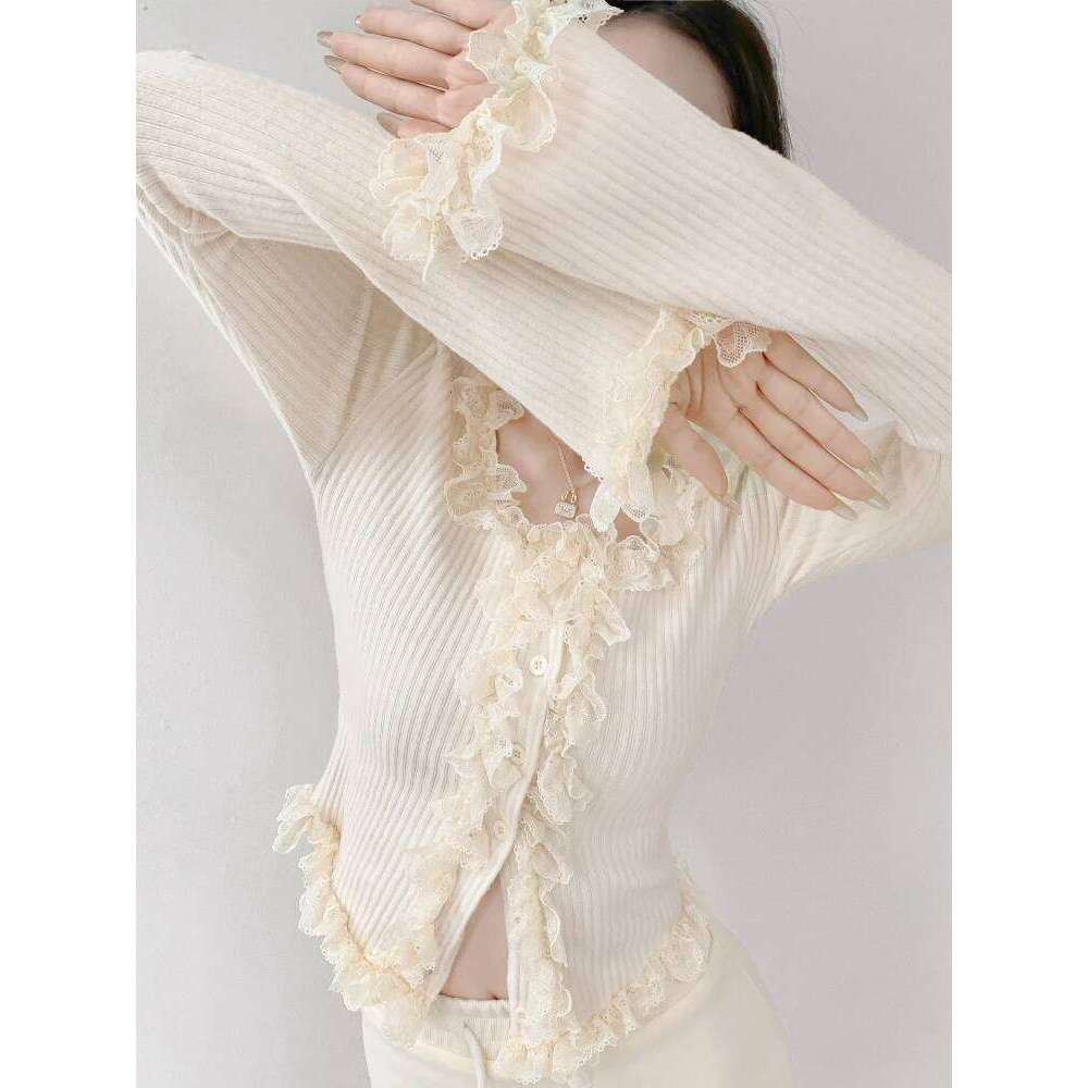 2025 Square Collar Lace Edge Splicing Long Sleeve Knitted Sweater Women's Retro Short Style Slim Tops Single-breasted Cardigan Z260314