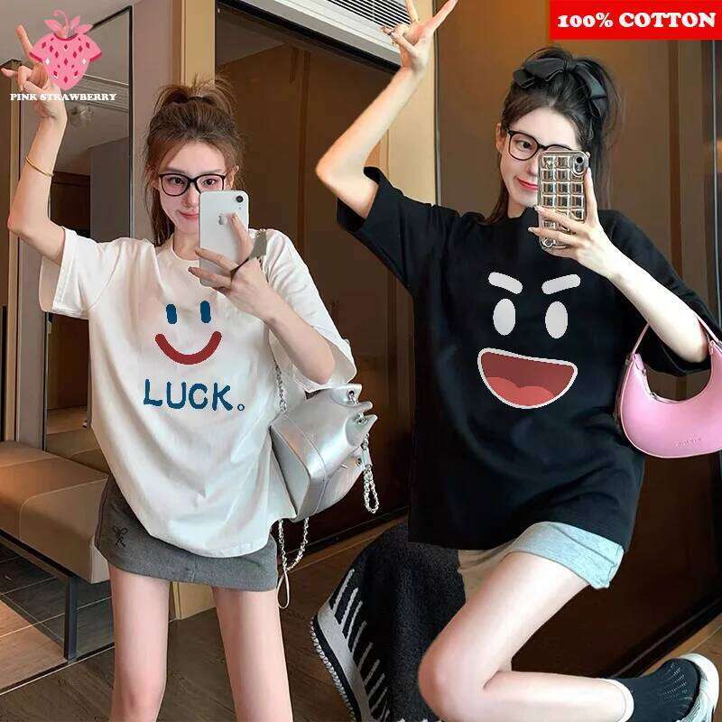 Cute smiley face Print Women Summer 2025 New 100%Cotton Korean Short Sleeve Loose T-shirt casual Y2k Top Female clothing Z260314