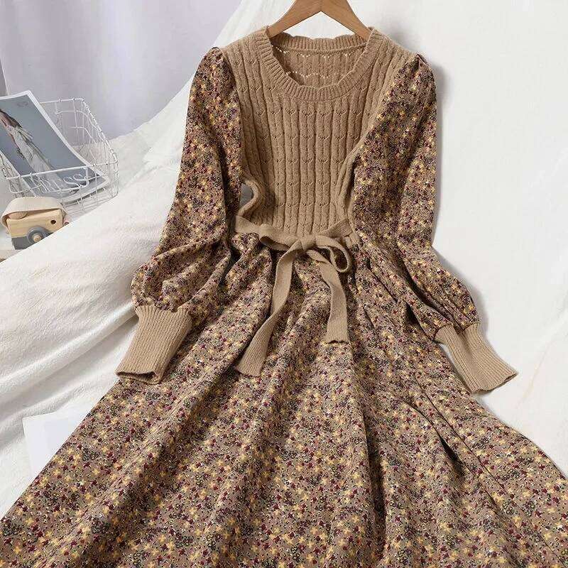 2025 Autumn Winter New Korean Patchwork Bandage Long Sleeved Knitted Dress Women's Fashion Slim Sweet Corduroy Flower Dresses Z260314