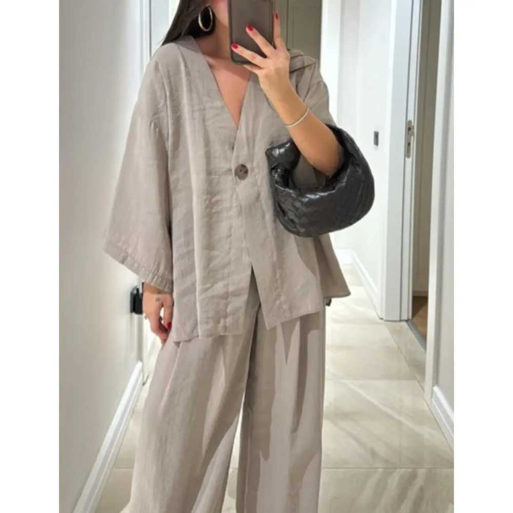 WomenS Classic Solid Wide Leg Pants Suits Summer Fashion V Neck One Button Loose Blouse Sets Casual Female Daily Streetwear2025 M260313