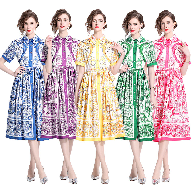 Casual dress runway flower dress summer dress shirt women's button letter print Sicily short sleeved Bohemian beach dress