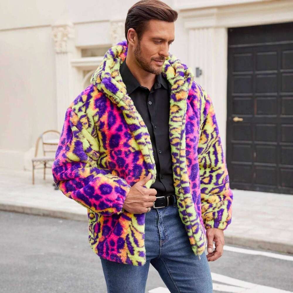 Europe and America Cross-border Men Jacket Faux Fur Colorful Leopard Print Coat Plush Keep Warm Thicken Temperament Trend Loose Z260313