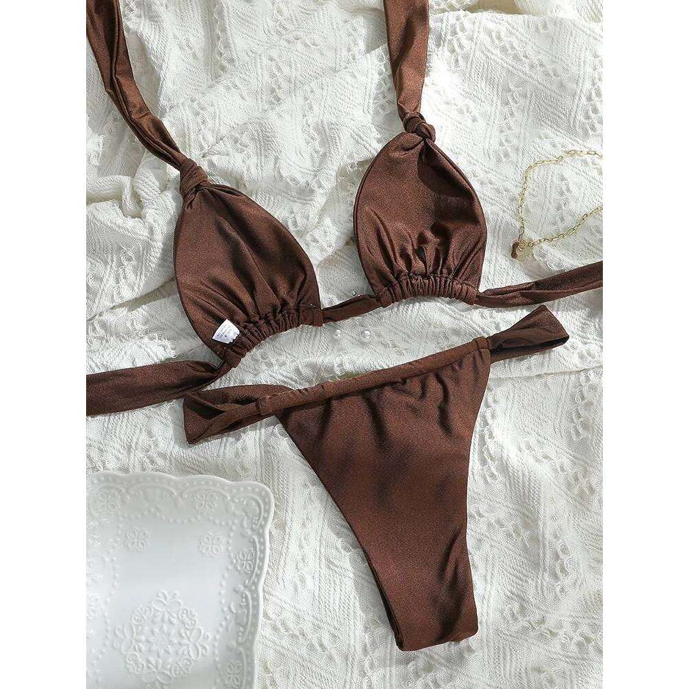 Tiedown Bikini for Women Triangle Swimwear Bathing Suit Brazilian 2-Piece Folds Bikinis Set solid Push Up Swimsuit New 26H0313