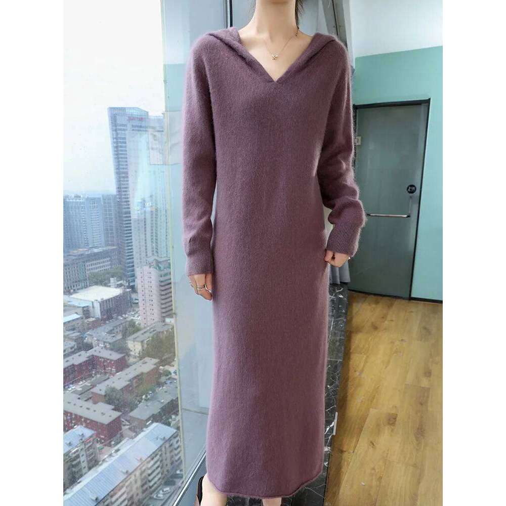 TLOML Women's 100% Mink Hoodie Pullover Casual Style Autumn Winter Solid Soft Warm Cashmere Knitted Long Dress Z260314