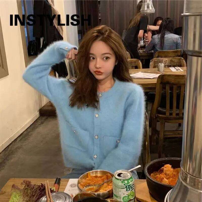 Elegant Cashmere Cropped Cardigan Knitted Sweater Coat Women Korean Harajuku Button Up Slim Cardigans Streetwear 2022 New Z260313