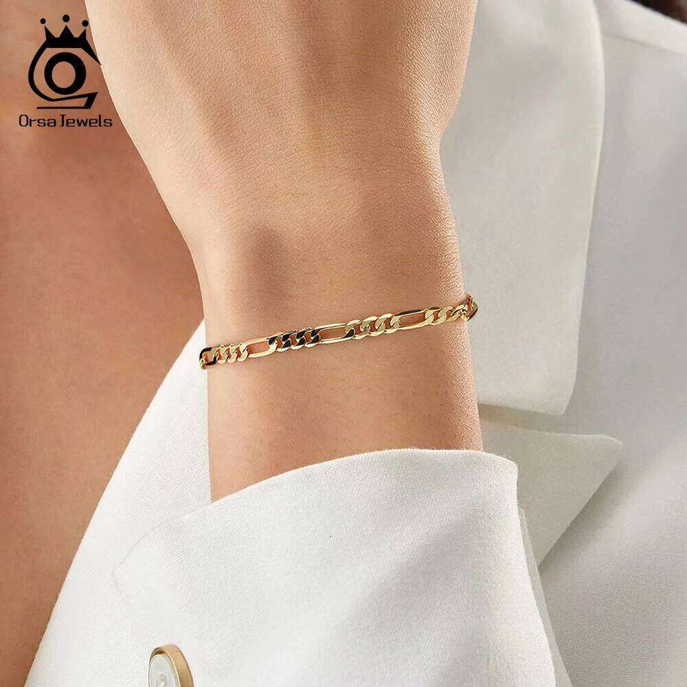 ORSA JEWELS 100% 925 Sterling Silver Italian 3.3mm Diamond-Cut Figaro Chain Bracelet for Women Handmade Party Jewelry SB66 Z260313