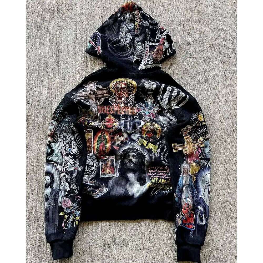 Punk Style Mens Zipper Multi Pattern Gothic Waffle Outerwear Street Fashion Loose Large Size Hooded Sweatshirt Z260315