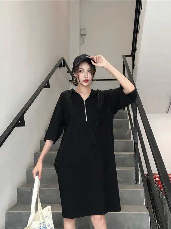 plus Size Womens Dr 300 Pou Summer New Korean Loose Slimming Five-Quarter Sve Hooded Mid-Length Skirt PolyesterT260314