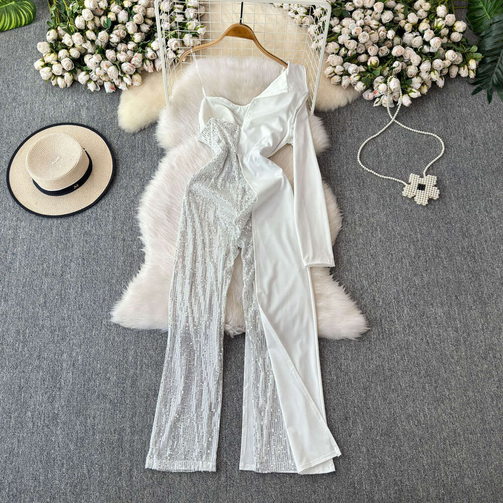Socialite high-end elegant women's jumpsuit fashionable niche light luxury off shoulder lace up long sleeved sequin splicing