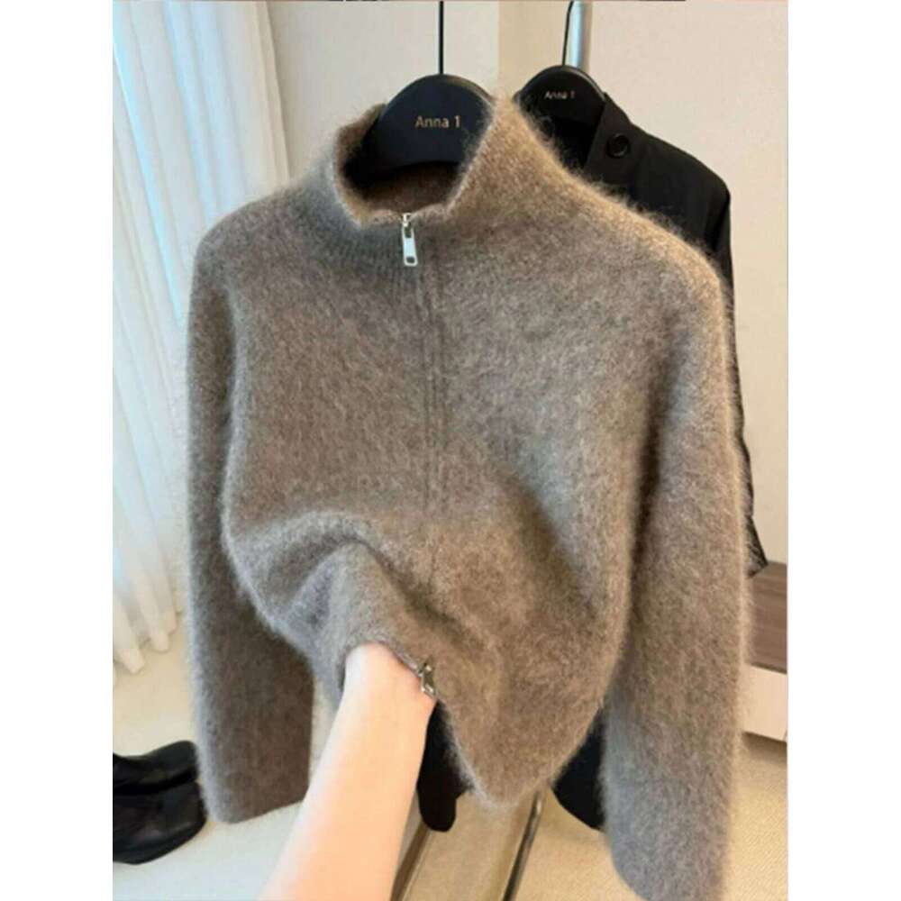 New Fashion Zipper Knitted Cardigan Temperament Stand Collar Soft Mohair Top Coat Women's Autumn Winter Loose Warm Sweaters Z260313