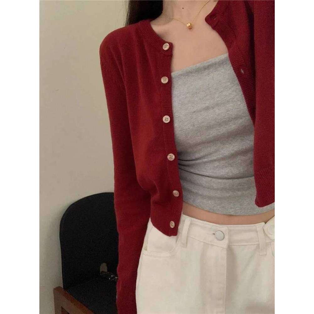Fashion Long Sleeve O-neck Knitted Cardigan Sweater Autumn Women Elegant Slim Fit Solid Color Top Thin Casual Simple Short Coat Z260313