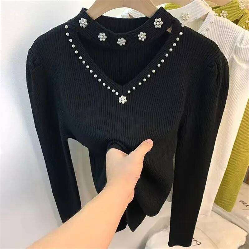 Autumn Winter Women Pullover New Fashion Hollow V-neck Nail Bead Long Sleeved Knitted Sweater Bottoming Shirt Female Top Z260313