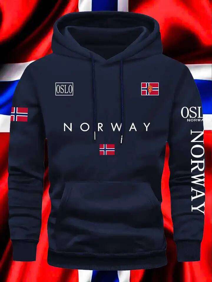 Norwegian Flag Print Trend Men Women Hooded Sweatshirt Autumn Winter Daily Outdoor Vacation Fitness Casual Loose Warm Sportswear Z260314