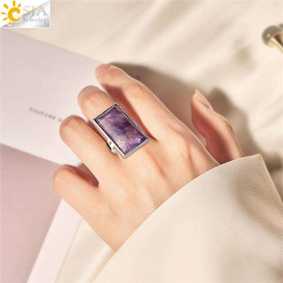 CSJA Rectangle Natural Stones Finger Rings Silver-color Adjustable Ring Healing Crystal Pink Quartz Women Statement Jewelry G456 H260312
