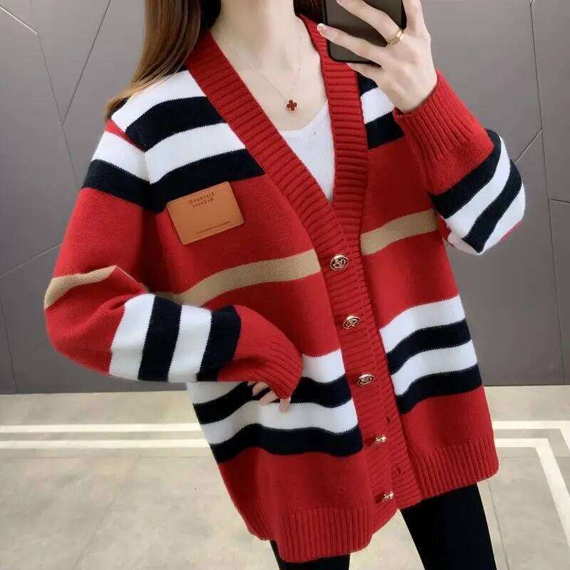 Striped Knitted Cardigan Jacket for Women's Spring Autumn New Vintage Loose and Gentle Sweater Korean Version Lazy Style Jac Z260313