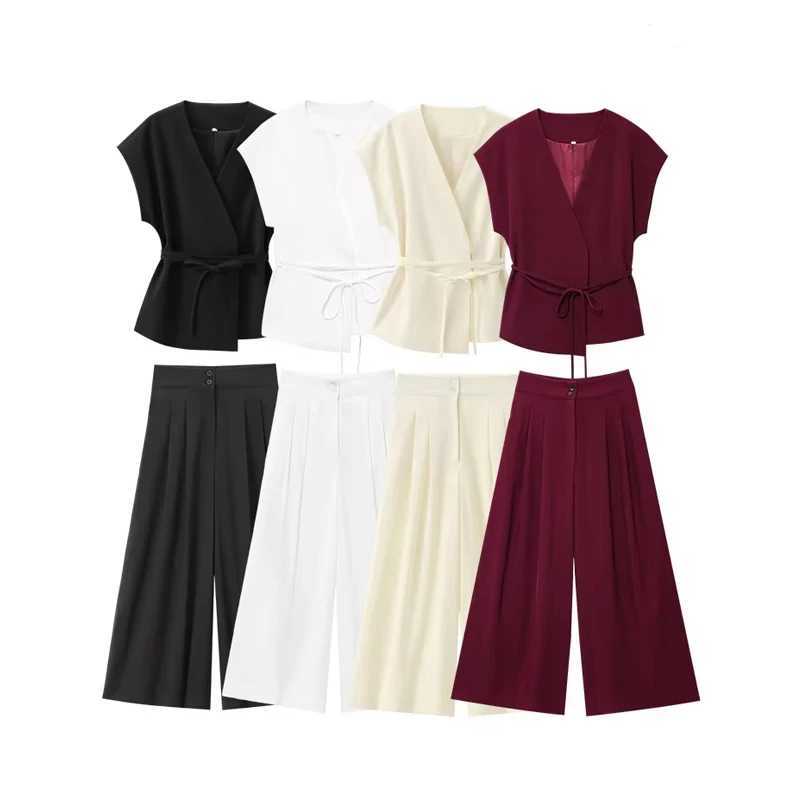 MUJER 2025 Wide Leg Pants Sets for Women 2 Pieces Sleeveless Vest Top Woman Pleated Casual Trousers Sets Two Piece Outfits Woman M260313
