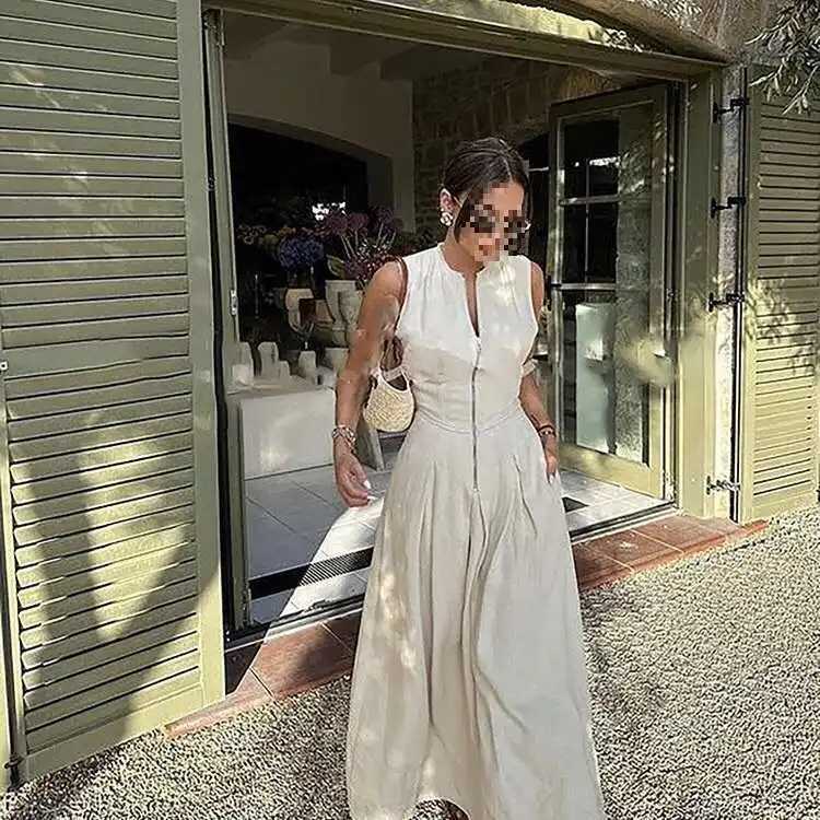 Elegant Sleeveless round Neck French Style Midi Dress Waist Cinched Street Trend Long Skirt Polyester Fabric Pure Color PrintT260314