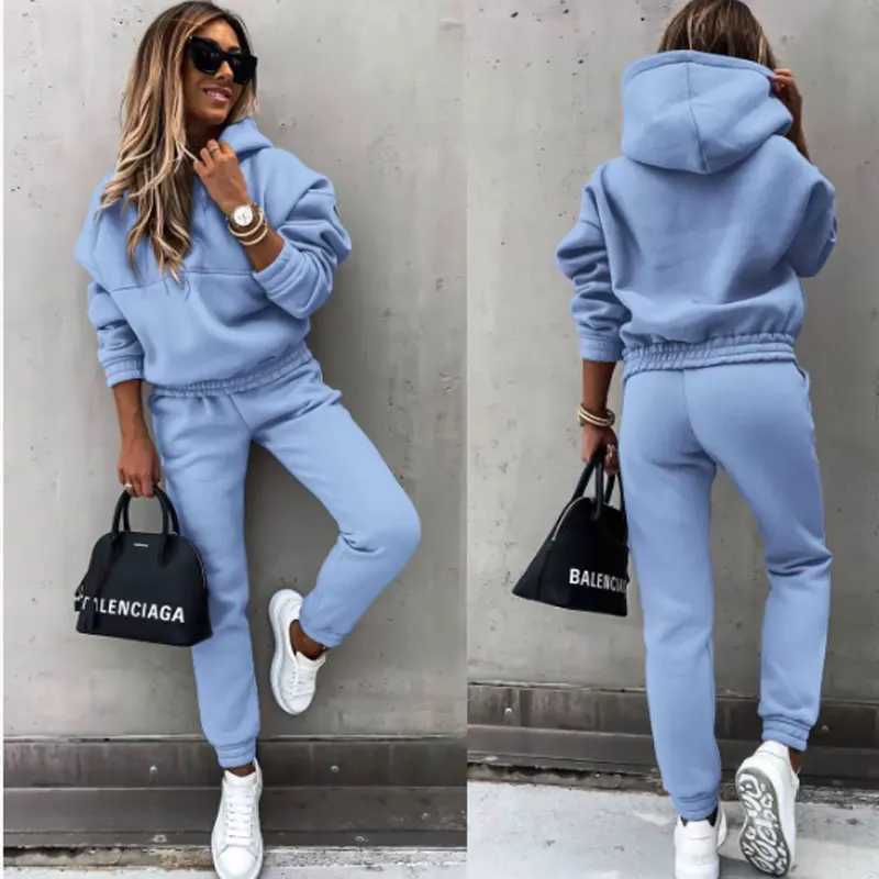 Winter Tracksuit Women Two Piece Set - Oversized Hoodie Sweatpants Solid Color Sportswear Suit Casual Sweatshirt Trouser Set M260313