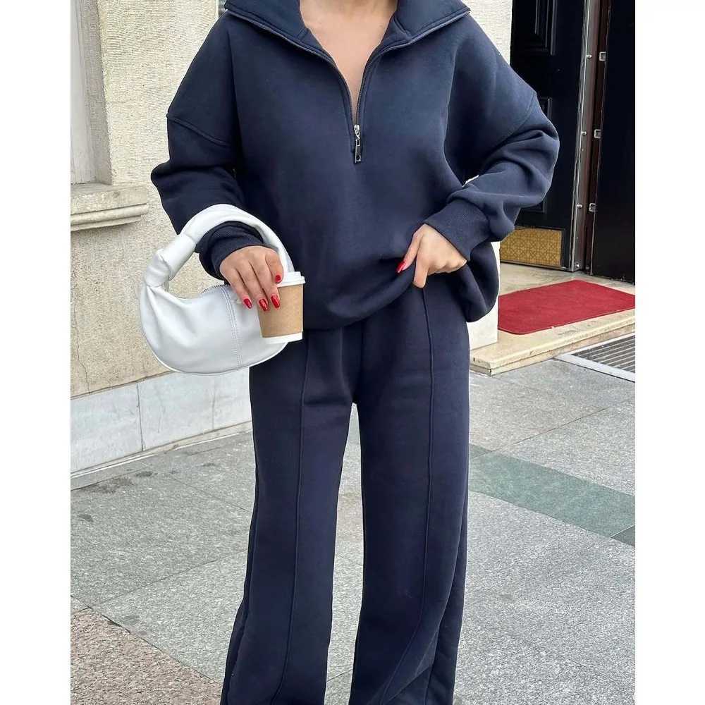 Street Style Womens Henley Neck Sweatsuit Set Half Zip Pullover Hoodie Fall Winter Lounge Casual Outfit M260313