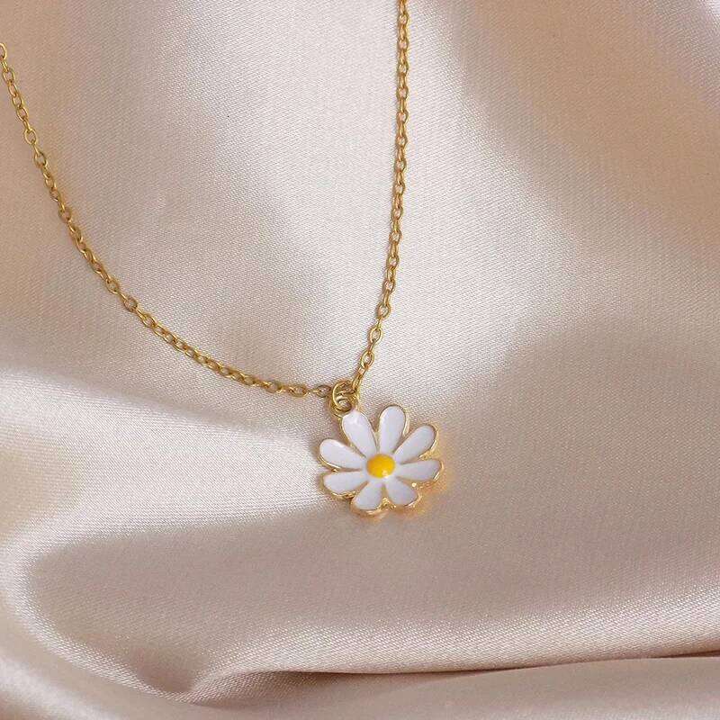 Fashion Gold Plated Daisy Necklace Enamel White Flower Pendants Necklaces For Women Girls Gifts H260312