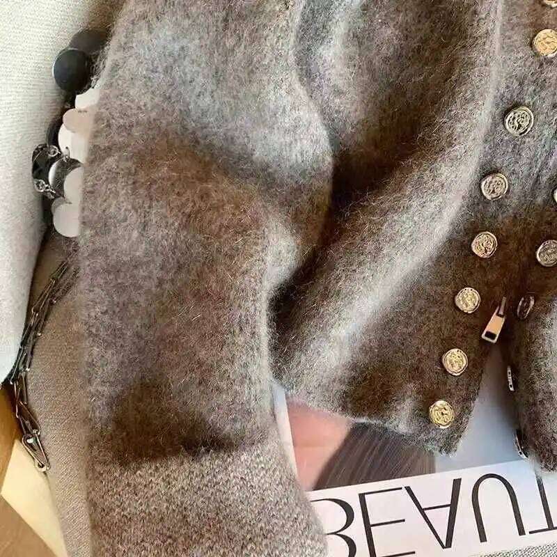 Grey Vintage Sweater Cardigans For Women Autumn New High Collar Double Breasted Knitted Coats Simple Elegant Female Knitwear Top Z260313