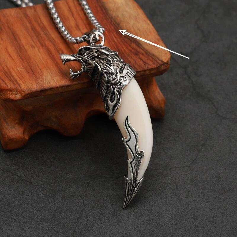 Black&White Men's Wolf Tooth Resin Pendant Necklace Stainless Steel Silvery Chain Charm Jewelry 2025 H260312