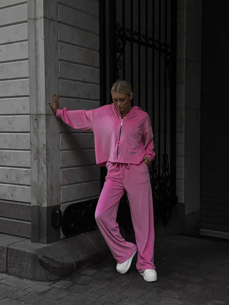 2025 Autumn Womens set Solid color long-sleeved cardigan hoodie sportswear long pants two-piece set set womens clothing M260313