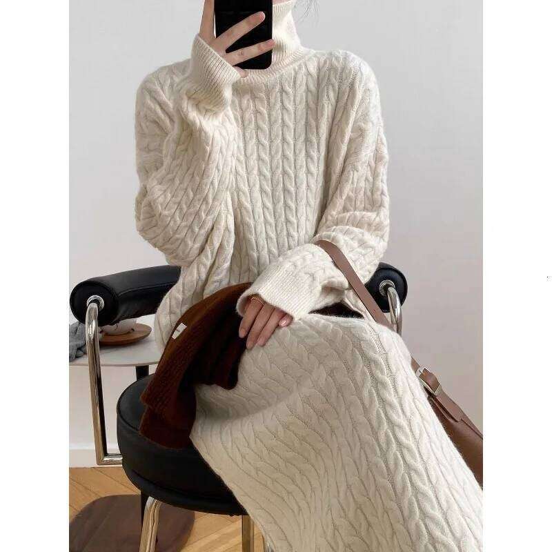 Korean High-neck Twist New Lazy Style Autumn Winter Loose Bottoming Long Knitted Dress Z260314