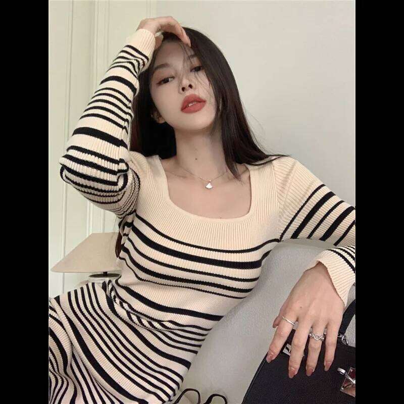 Square Collar Striped Knitted Long-sleeved Dress for Women Autumn Winter Korean Style Versatile Slim Hip Skirt Z260314