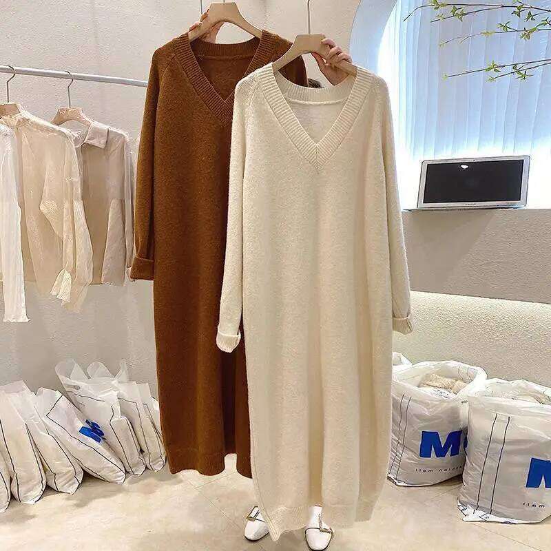 Size 10XL 150kg High Quality Sweater for Women Solid Color V Neck Pullover Thick Autumn and Winter Long Dress Z260314