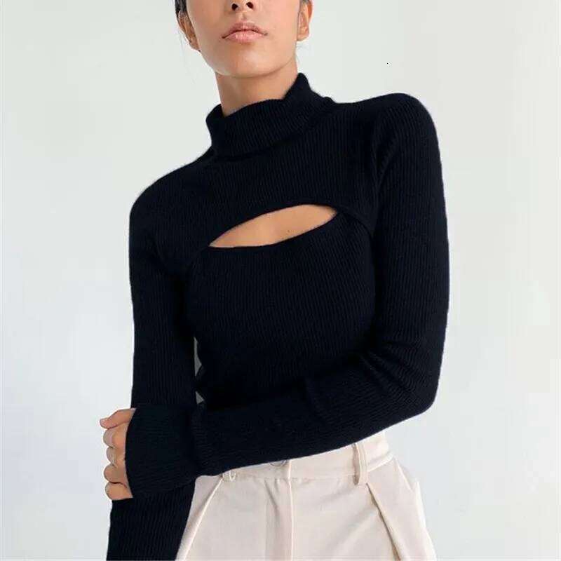 New Autumn Winter Thin Women Fashion Design Open Chest Long Sleeved Knitted Women's Tops Female Tight Fitting Sweater Z260313