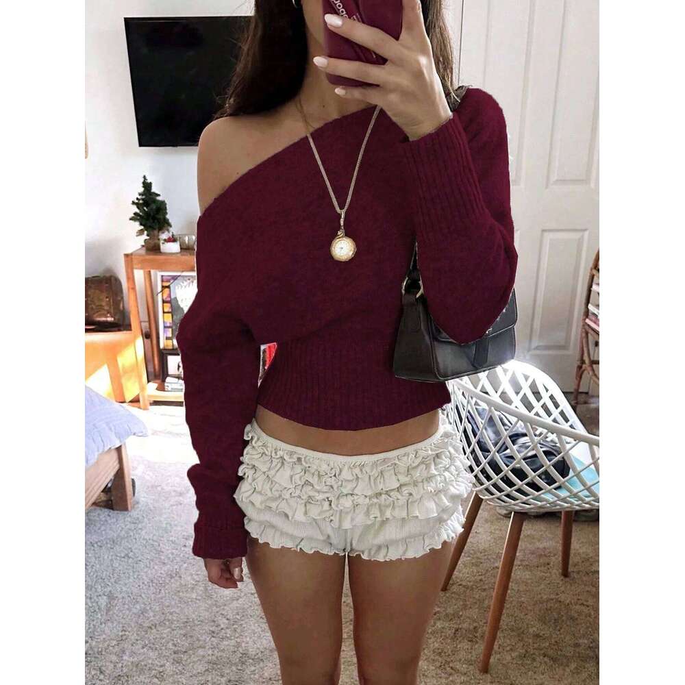 2025 New Autumn Winter Laid-back Style Loose Shoulder Design Knitted Top Women's High Waist Slimming Sweater Street Fashion Z260313